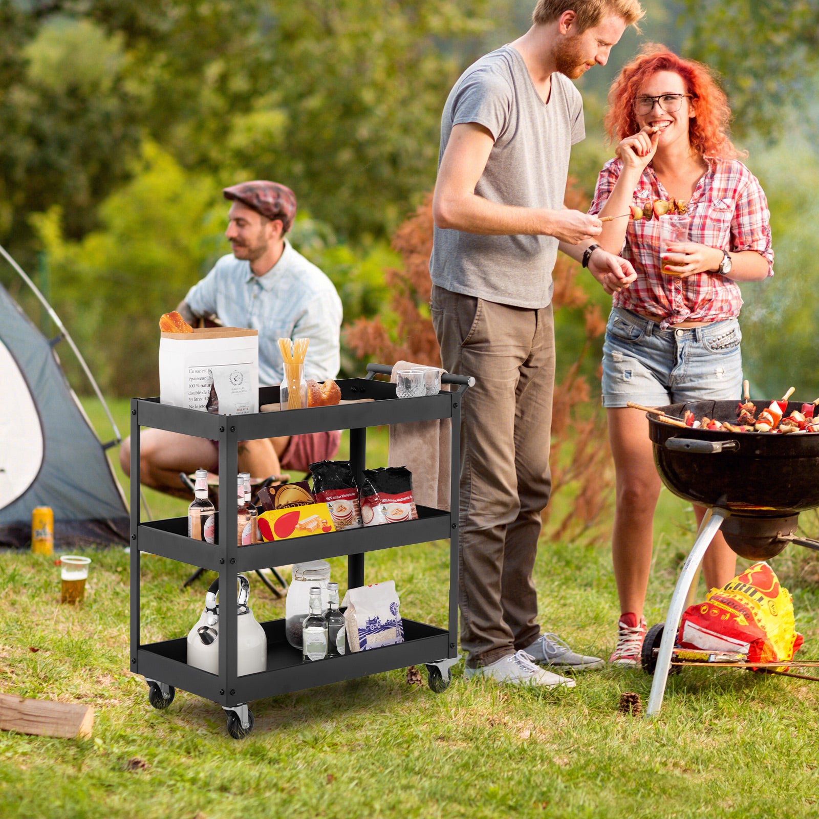 3 Shelf Rolling Metal Utility Cart with Ergonomic Handle-Black